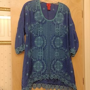 Blue Embroidered Boho Eyelet Tunic Top M